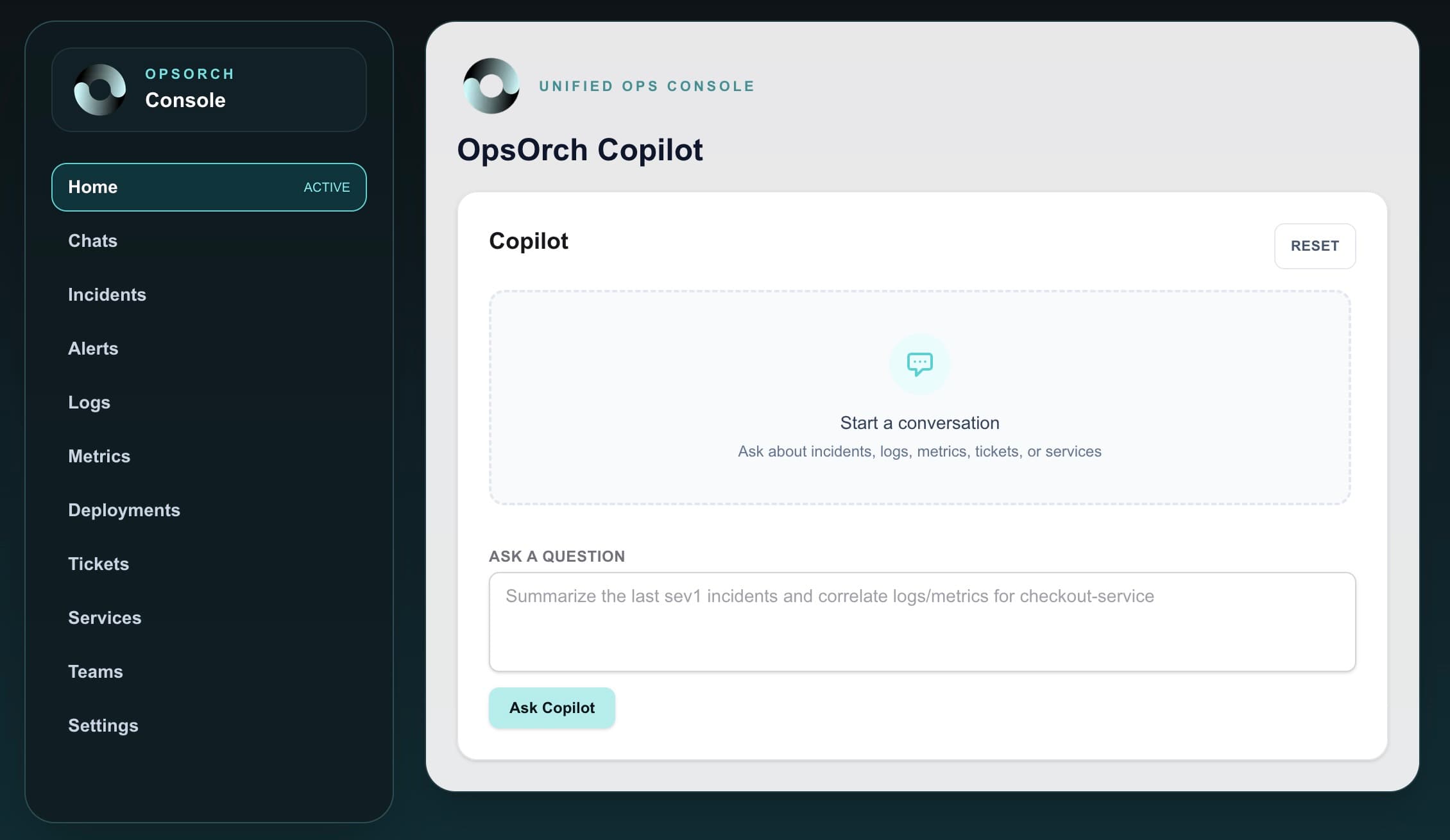 OpsOrch Console with Copilot Interface